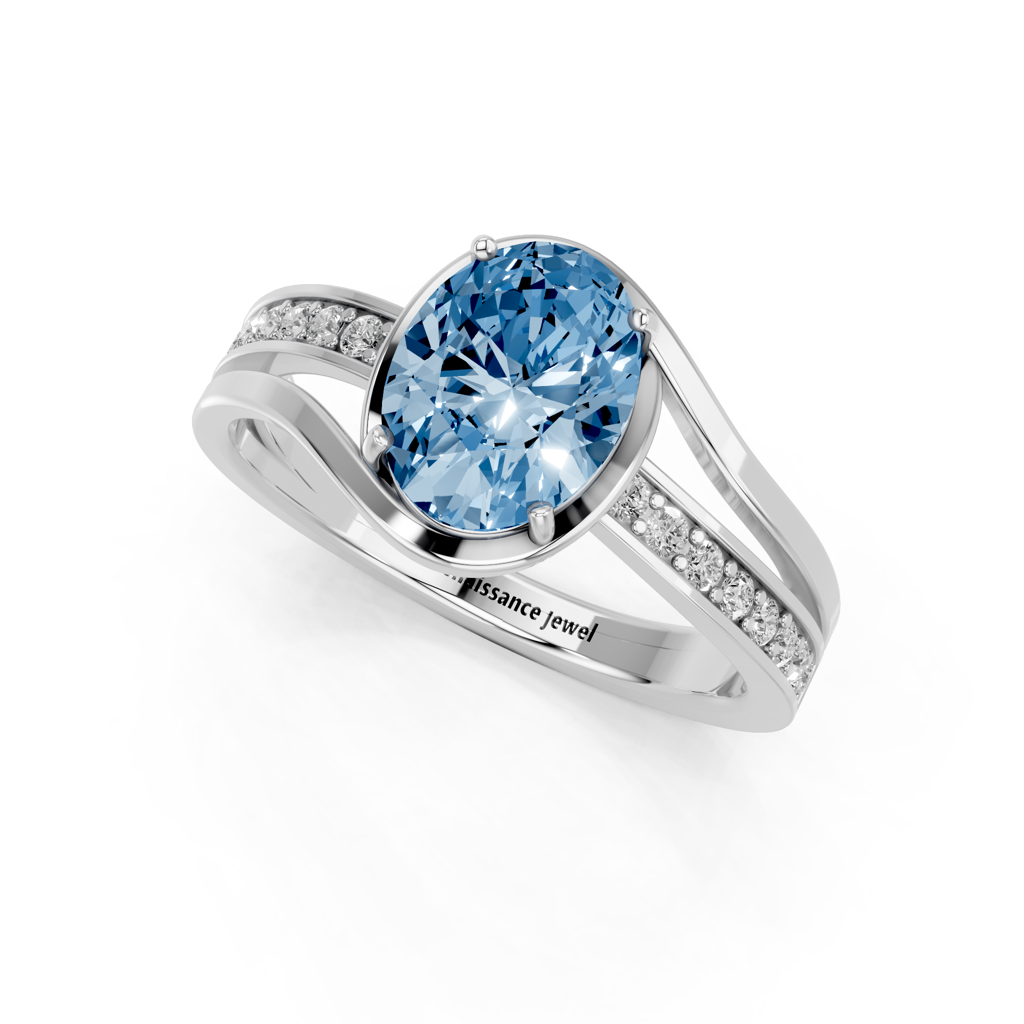 White gold Fancy Blue Oval  Solitaire Diamond Ring with Split Shank and Prong Setting_3