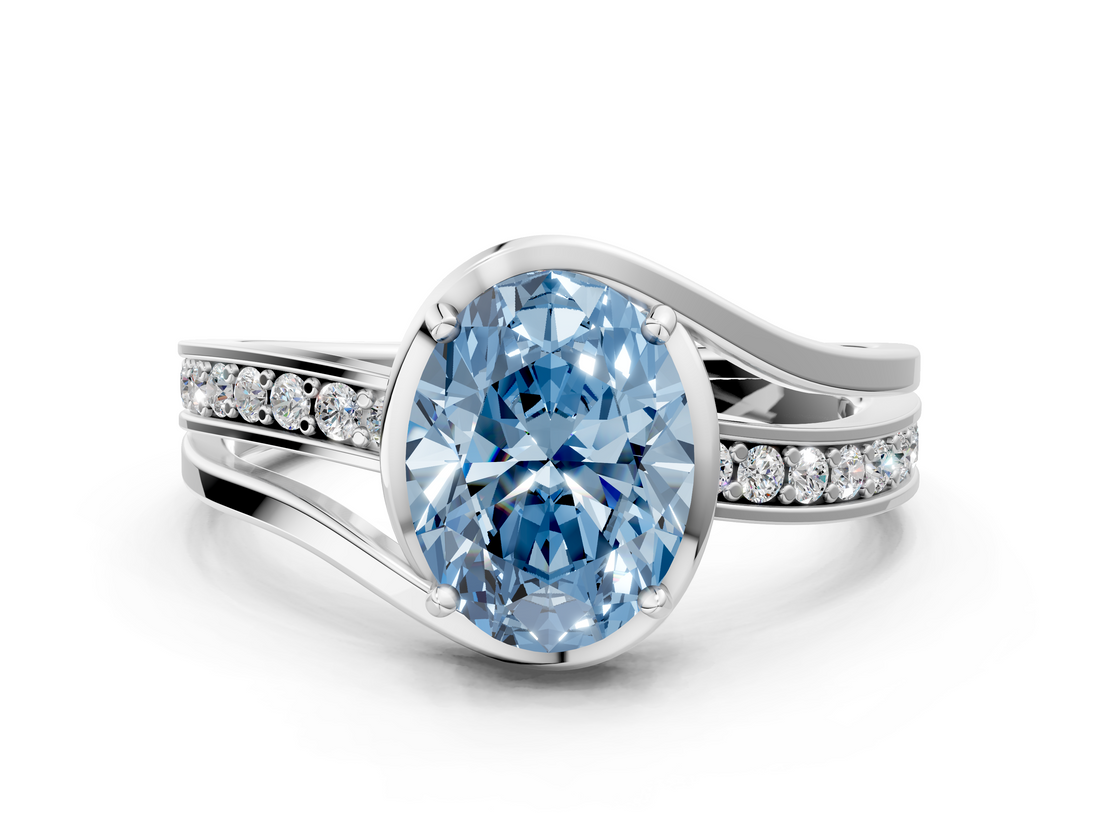 White gold Fancy Blue Oval  Solitaire Diamond Ring with Split Shank and Prong Setting_41