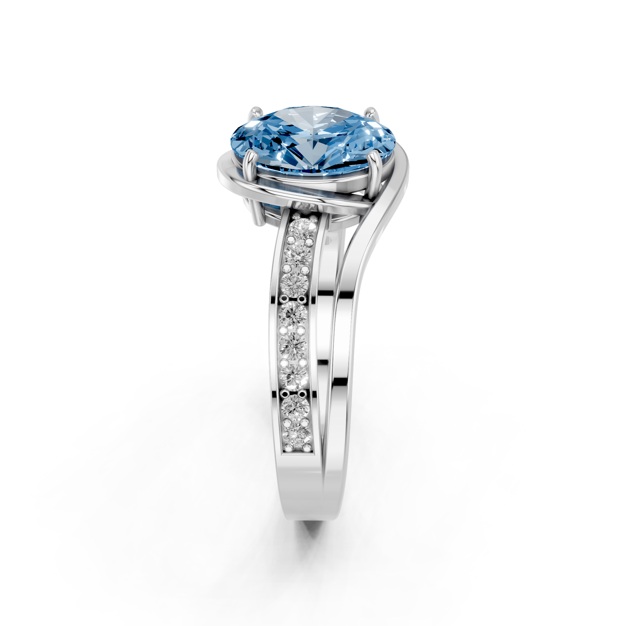 White gold Fancy Blue Oval  Solitaire Diamond Ring with Split Shank and Prong Setting_4