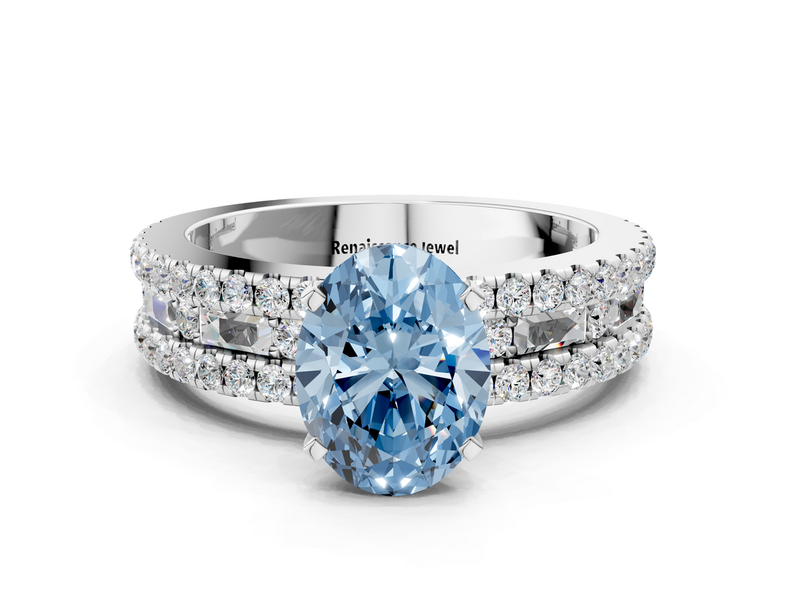 White gold Fancy Blue Oval  Solitaire Diamond with Pave and Channel Set Band_54