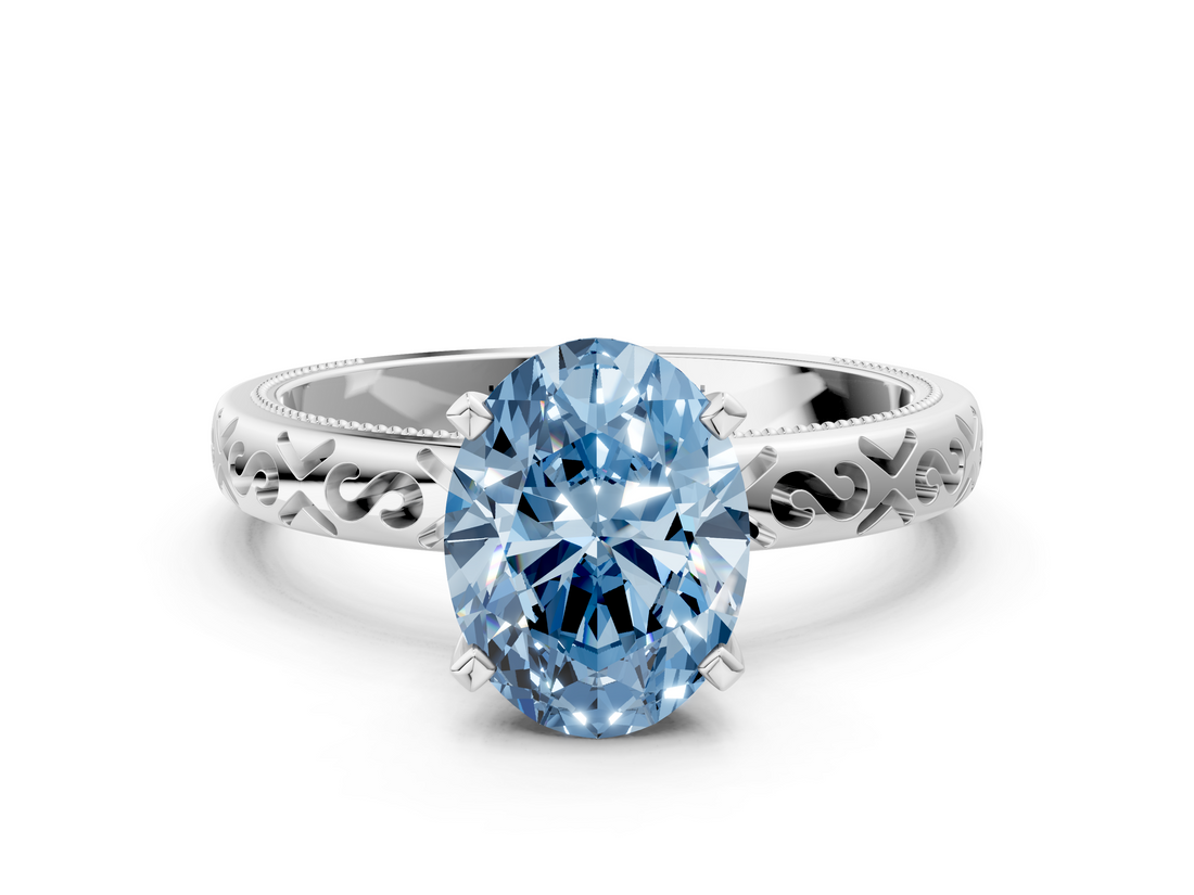 White gold Fancy Blue Oval  Solitaire Engagement Ring with Scrollwork Band and Four-Prong Setting_112