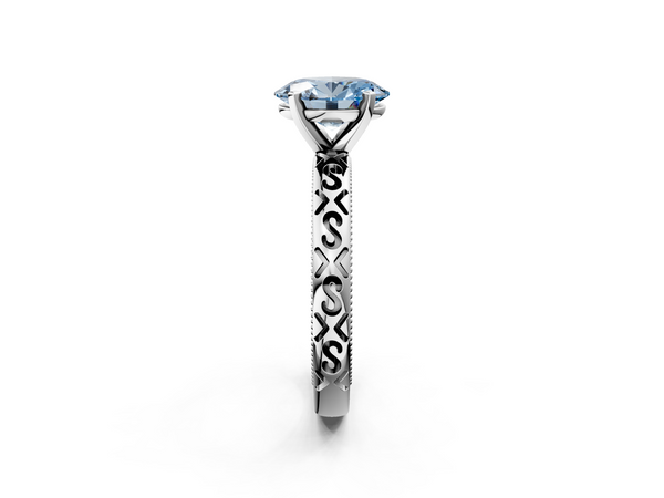 White gold Fancy Blue Oval  Solitaire Engagement Ring with Scrollwork Band and Four-Prong Setting