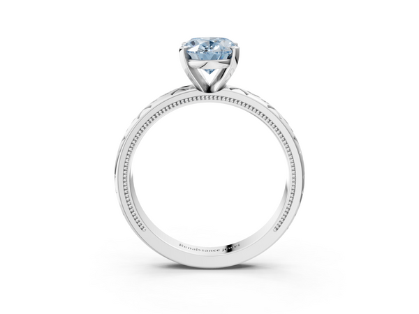 White gold Fancy Blue Oval  Solitaire Engagement Ring with Scrollwork Band and Four-Prong Setting