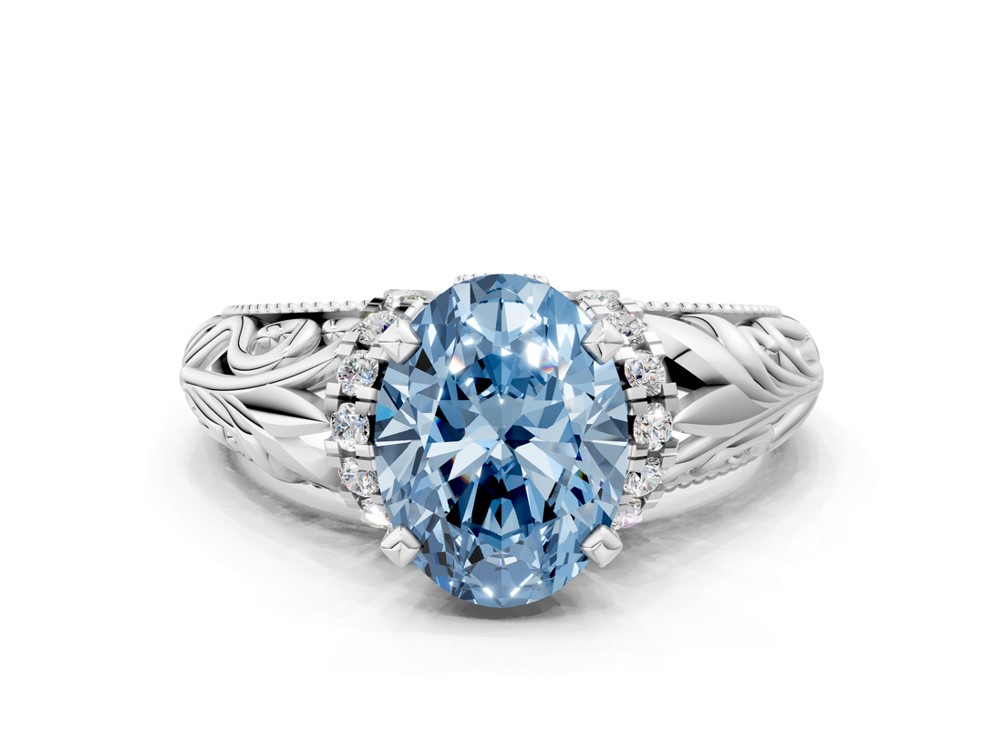 White gold Fancy Blue Oval  Solitaire Filigree Engagement Ring with Halo and Prong Setting_107