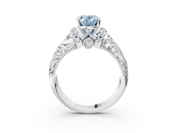 White gold Fancy Blue Oval  Solitaire Filigree Engagement Ring with Halo and Prong Setting