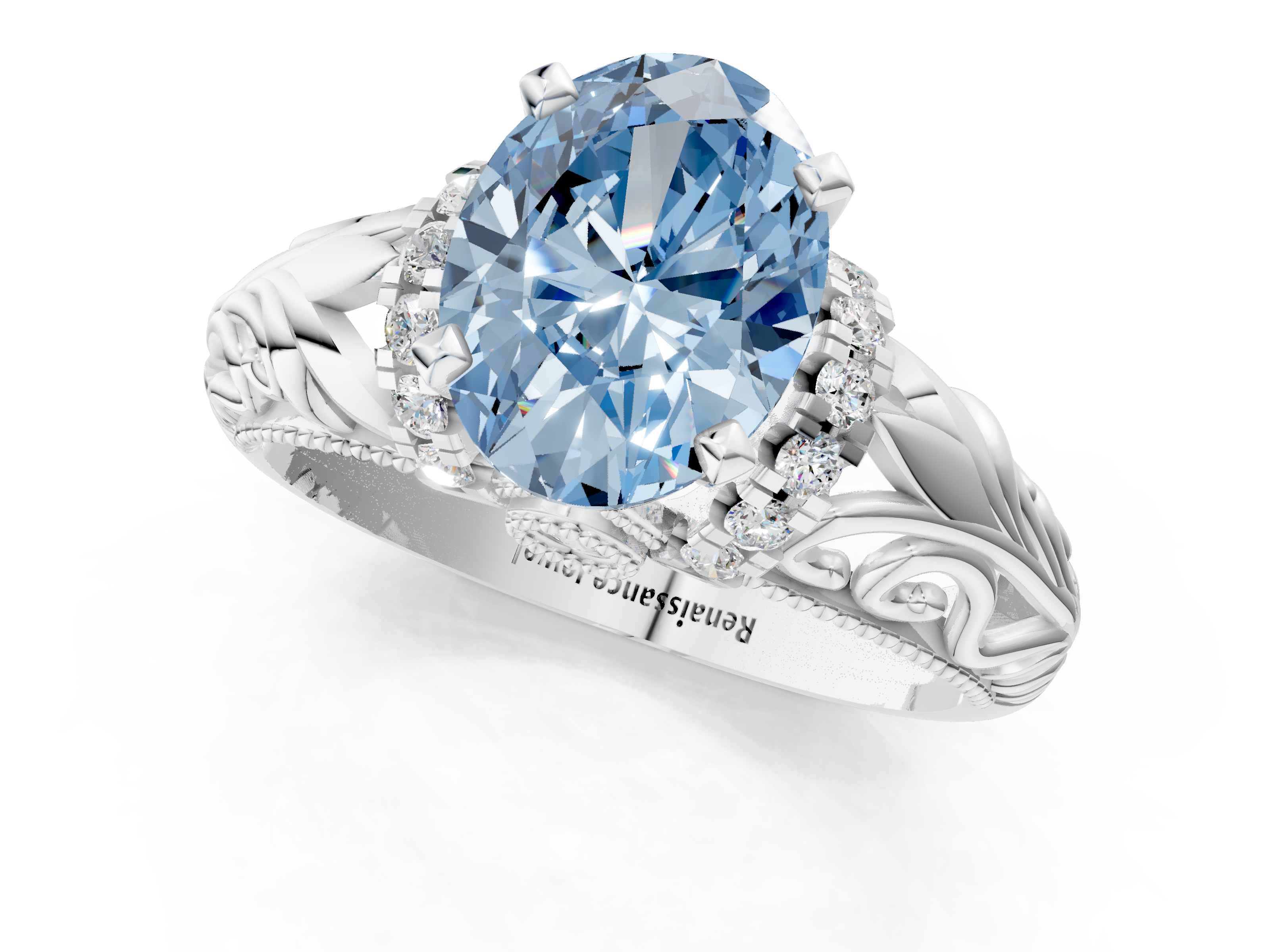 White gold Fancy Blue Oval  Solitaire Filigree Engagement Ring with Halo and Prong Setting_93