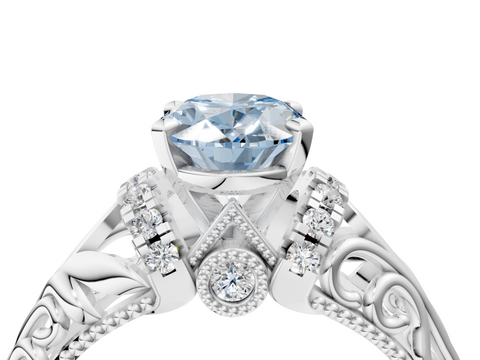 White gold Fancy Blue Oval  Solitaire Filigree Engagement Ring with Halo and Prong Setting_96