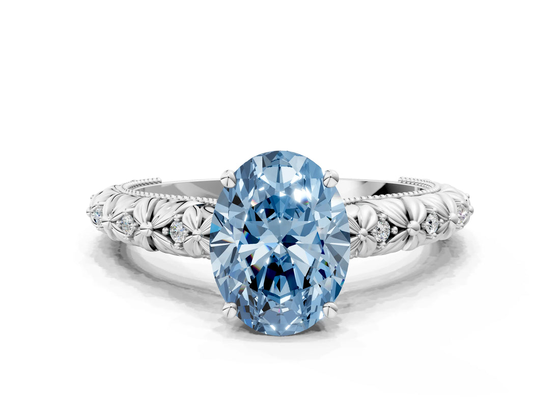 White gold Fancy Blue Oval  Solitaire Floral Milgrain Engagement Ring_55