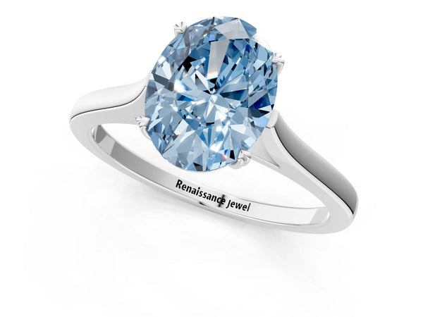 White gold Fancy Blue Oval  Solitaire Heart Prong Engagement Ring with Tapered Band