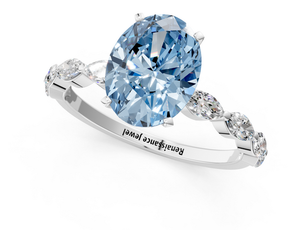 Platinum Fancy Blue Oval Cut Diamond Ring with Marquise Side Stones and Prong Setting