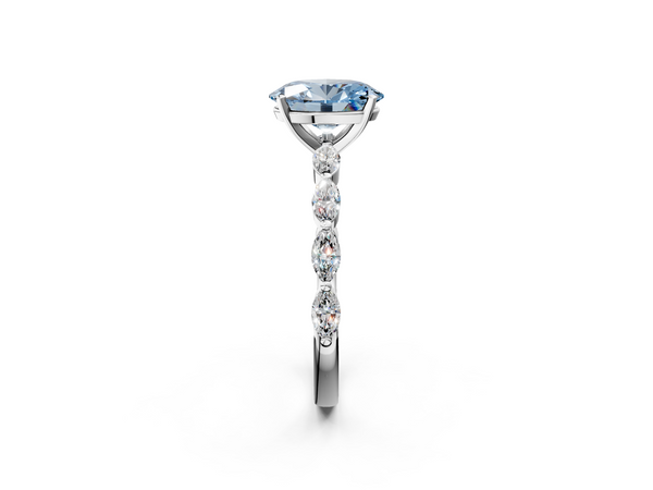 Platinum Fancy Blue Oval Cut Diamond Ring with Marquise Side Stones and Prong Setting
