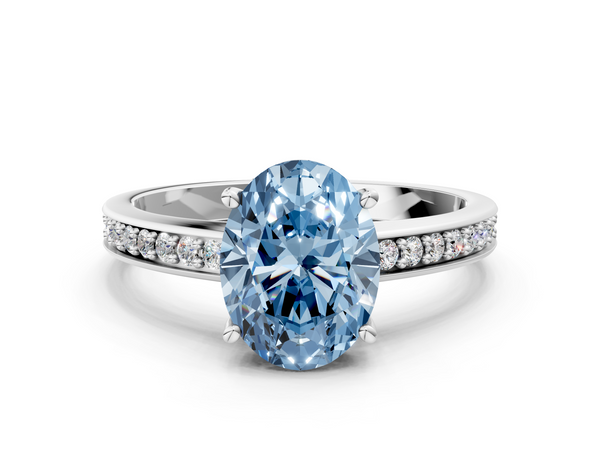 White gold Fancy Blue Oval  Solitaire Pavé Band Prong Setting Ring