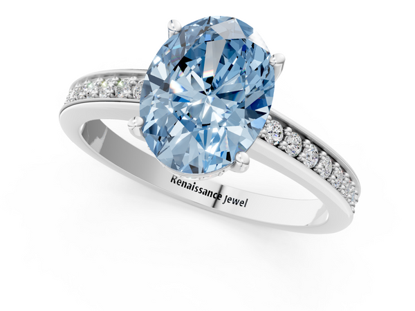 White gold Fancy Blue Oval  Solitaire Pavé Band Prong Setting Ring