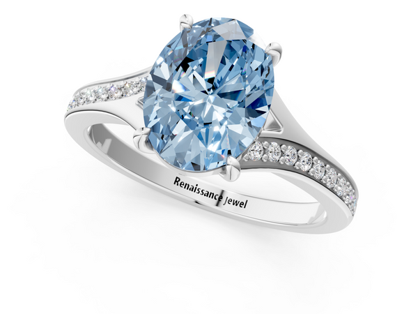 Platinum Fancy Blue Oval Cut Diamond Solitaire Ring with Pavé Band and Prong Setting
