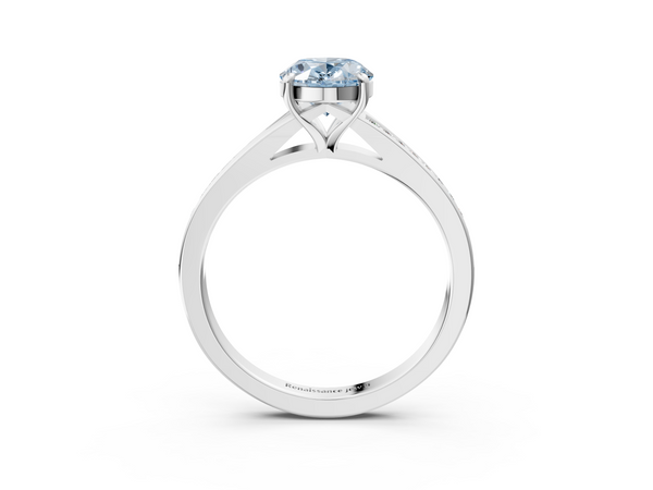 Platinum Fancy Blue Oval Cut Diamond Solitaire Ring with Pavé Band and Prong Setting