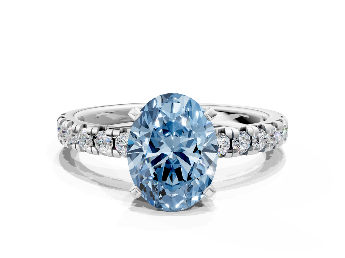 White gold Fancy Blue Oval  Solitaire Pave Diamond Engagement Ring with Four-Prong Setting_347