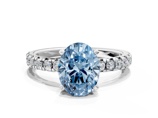 Platinum Fancy Blue Oval  Solitaire Pave Diamond Engagement Ring with Four-Prong Setting