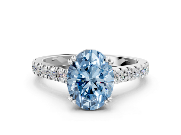 White gold Fancy Blue Oval  Solitaire Pave Diamond Engagement Ring with Prong Setting