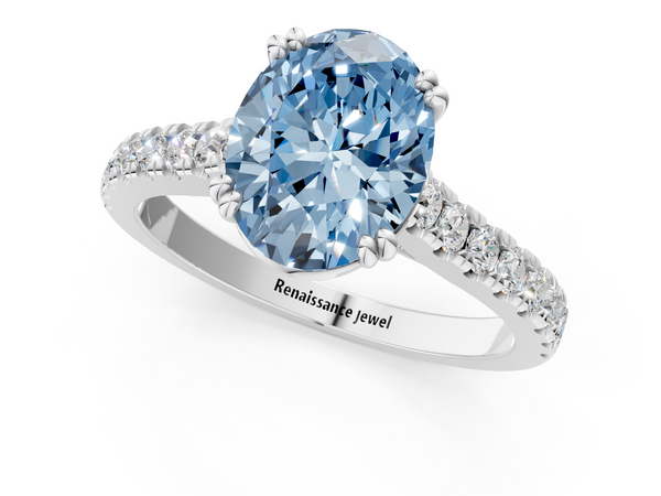 White gold Fancy Blue Oval  Solitaire Pave Diamond Engagement Ring with Prong Setting