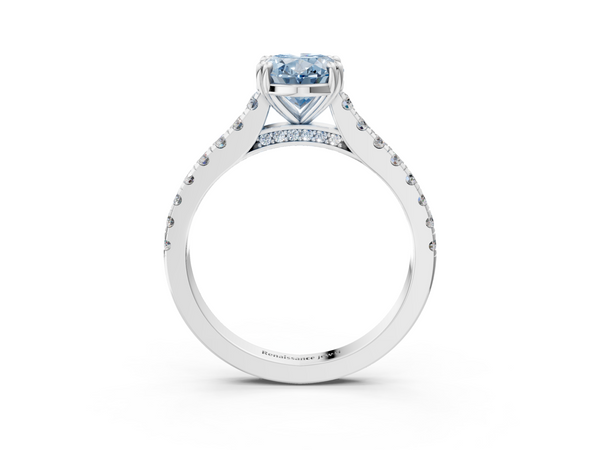 White gold Fancy Blue Oval  Solitaire Pave Diamond Engagement Ring with Prong Setting