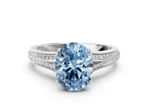 White gold Fancy Blue Oval Cut Diamond Split Shank Engagement Ring with Pavé Band