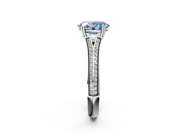 White gold Fancy Blue Oval Cut Diamond Split Shank Engagement Ring with Pavé Band