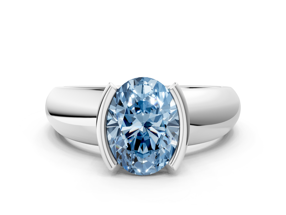 White gold Fancy Blue Oval  Solitaire Tension Set Diamond Ring with Wide Band_20