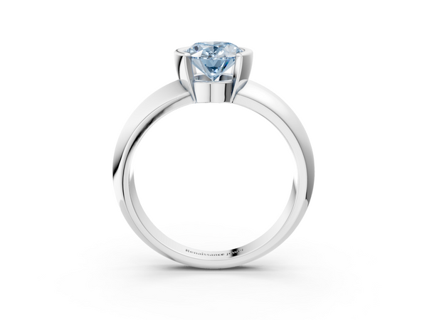 Platinum Fancy Blue Oval  Solitaire Tension Set Diamond Ring with Wide Band
