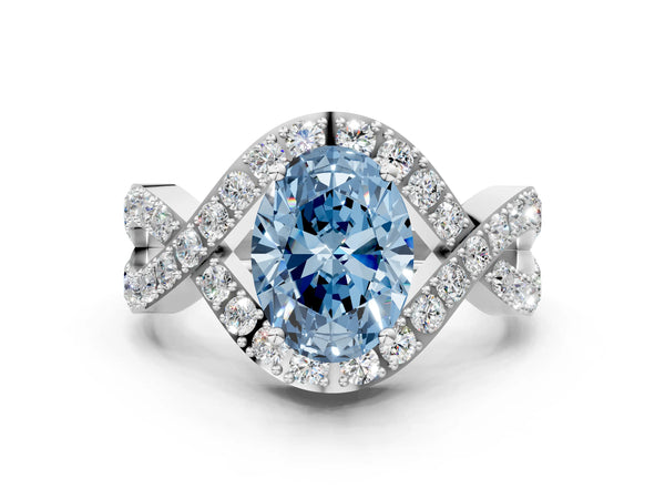 White gold Fancy Blue Oval  Solitaire Twist Band Pavé Diamond Engagement Ring