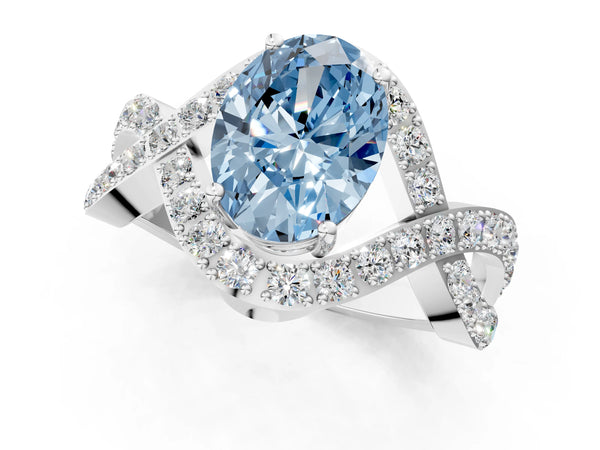 White gold Fancy Blue Oval  Solitaire Twist Band Pavé Diamond Engagement Ring