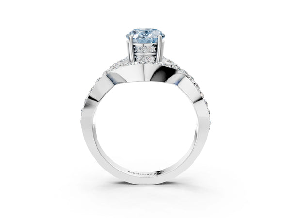 White gold Fancy Blue Oval  Solitaire Twist Band Pavé Diamond Engagement Ring