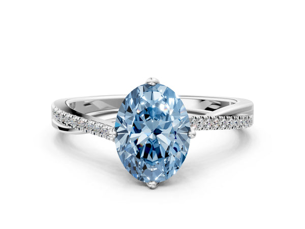 Platinum Fancy Blue Oval  Solitaire Twist Band with Pavé Diamonds and Four-Prong Setting