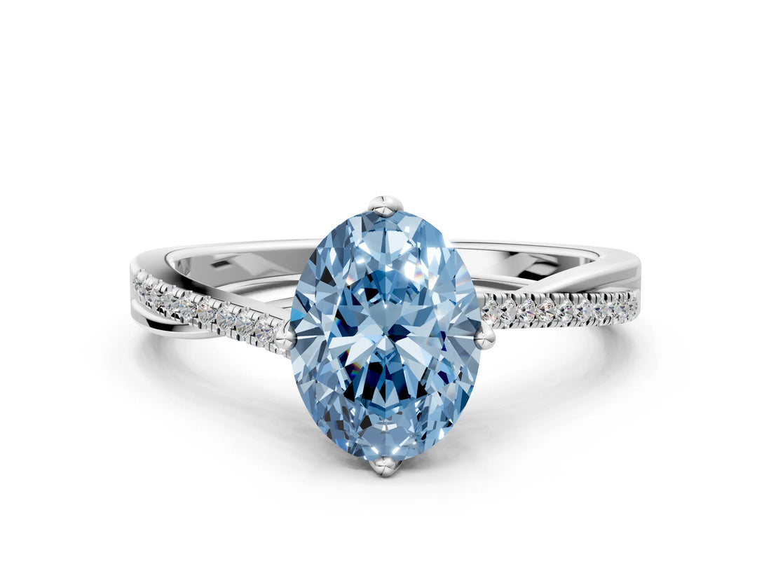 White gold Fancy Blue Oval  Solitaire Twist Band with Pavé Diamonds and Four-Prong Setting_61