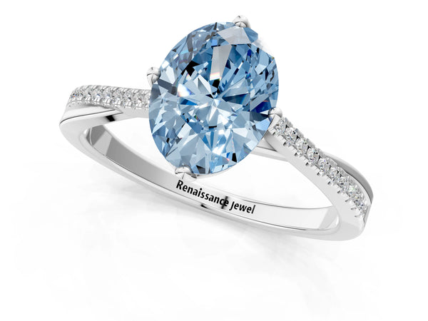 Platinum Fancy Blue Oval  Solitaire Twist Band with Pavé Diamonds and Four-Prong Setting