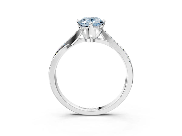 Platinum Fancy Blue Oval  Solitaire Twist Band with Pavé Diamonds and Four-Prong Setting