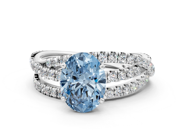 Platinum Fancy Blue Oval  Solitaire Twist Band with Pavé Setting and Four-Prong Setting