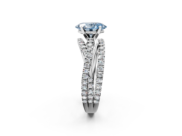 Platinum Fancy Blue Oval  Solitaire Twist Band with Pavé Setting and Four-Prong Setting