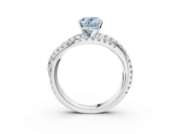Platinum Fancy Blue Oval  Solitaire Twist Band with Pavé Setting and Four-Prong Setting