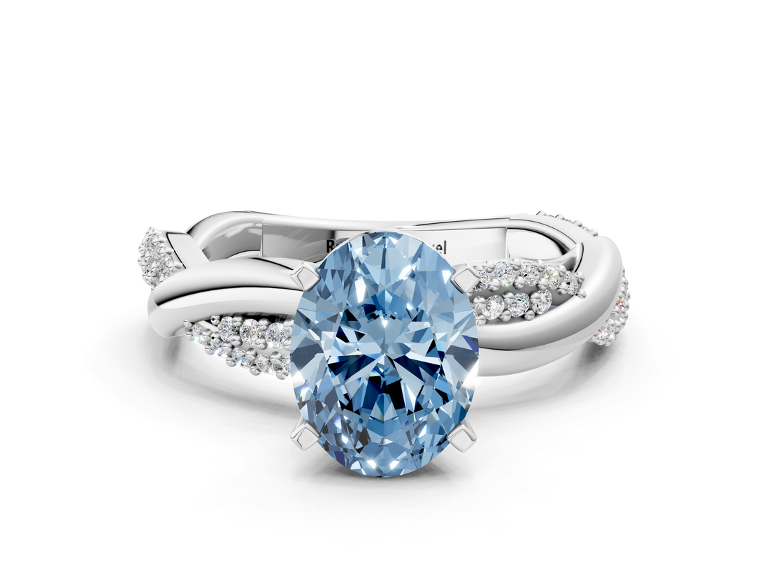 White gold Fancy Blue Oval  Solitaire Twist Band with Pave Prong Setting_24