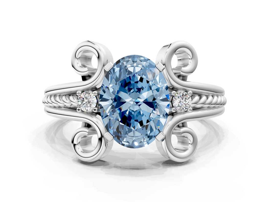 White gold Fancy Blue Oval  Solitaire Twisted Band Scroll Prong Ring_3