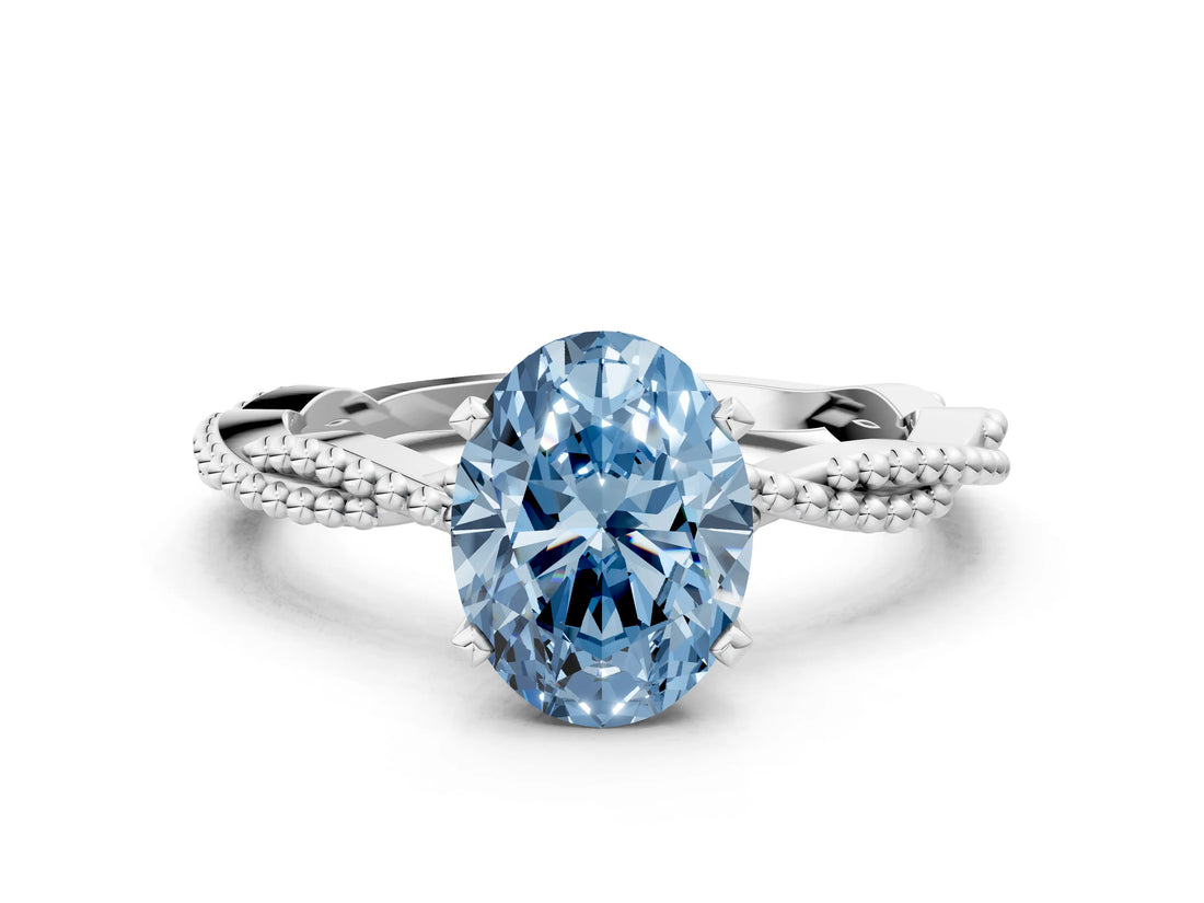 White gold Fancy Blue Oval  Solitaire Twisted Band with Bead Prong Setting_397