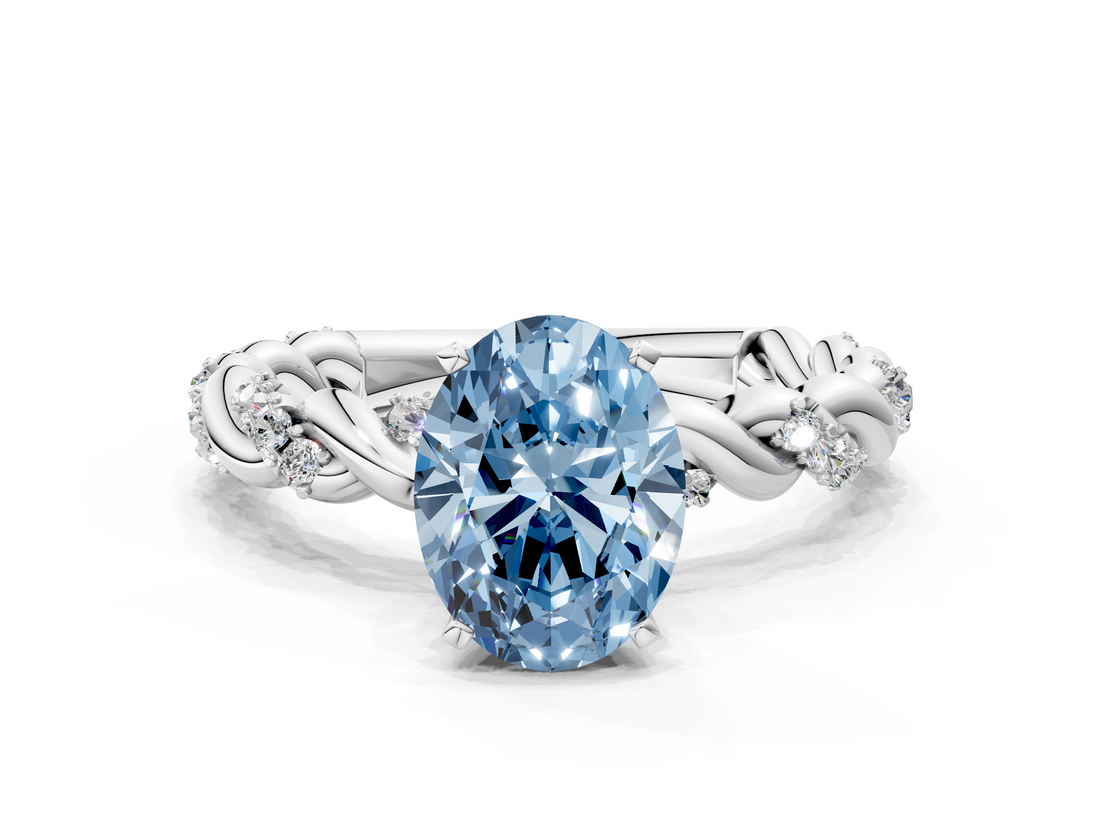 White gold Fancy Blue Oval  Solitaire Twisted Band with Pavé Accents and Four-Prong Setting_3