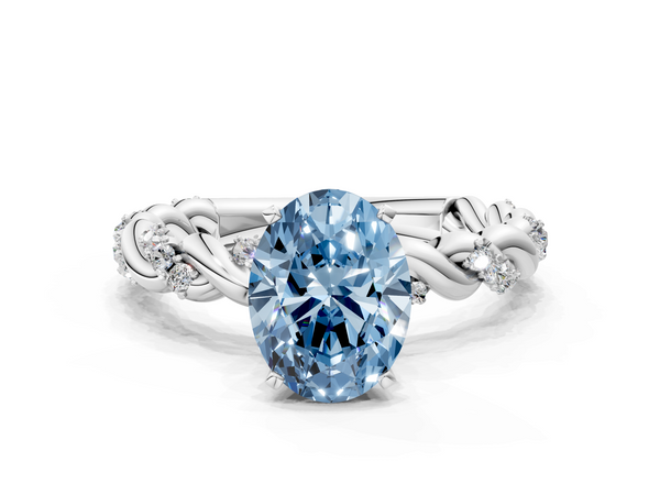White gold Fancy Blue Oval Cut Diamond Solitaire Ring with Twisted Band and Pavé Accents
