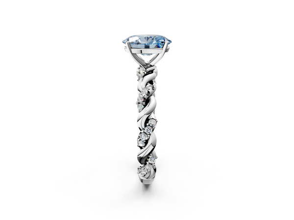 White gold Fancy Blue Oval Cut Diamond Solitaire Ring with Twisted Band and Pavé Accents