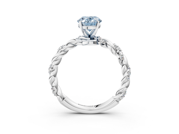 White gold Fancy Blue Oval Cut Diamond Solitaire Ring with Twisted Band and Pavé Accents