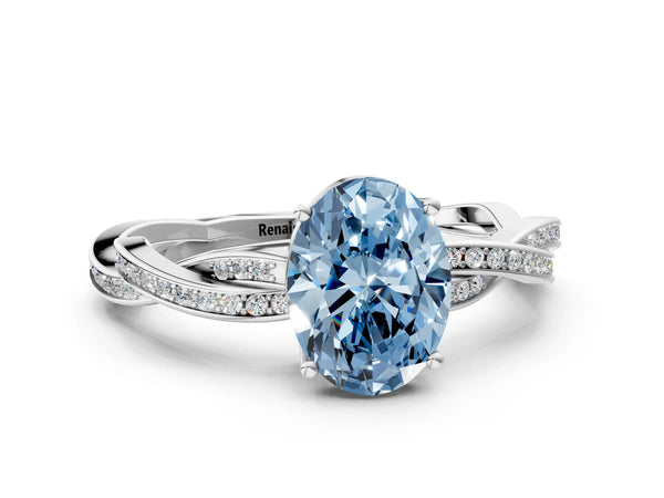 White gold Fancy Blue Oval  Solitaire Twisted Pave Diamond Ring with Four-Prong Setting