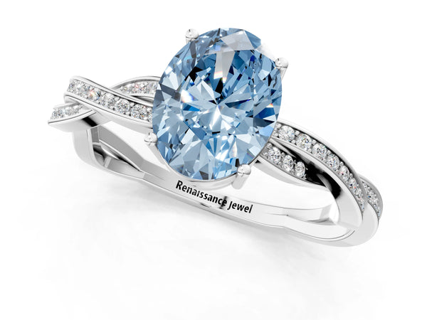 White gold Fancy Blue Oval  Solitaire Twisted Pave Diamond Ring with Four-Prong Setting