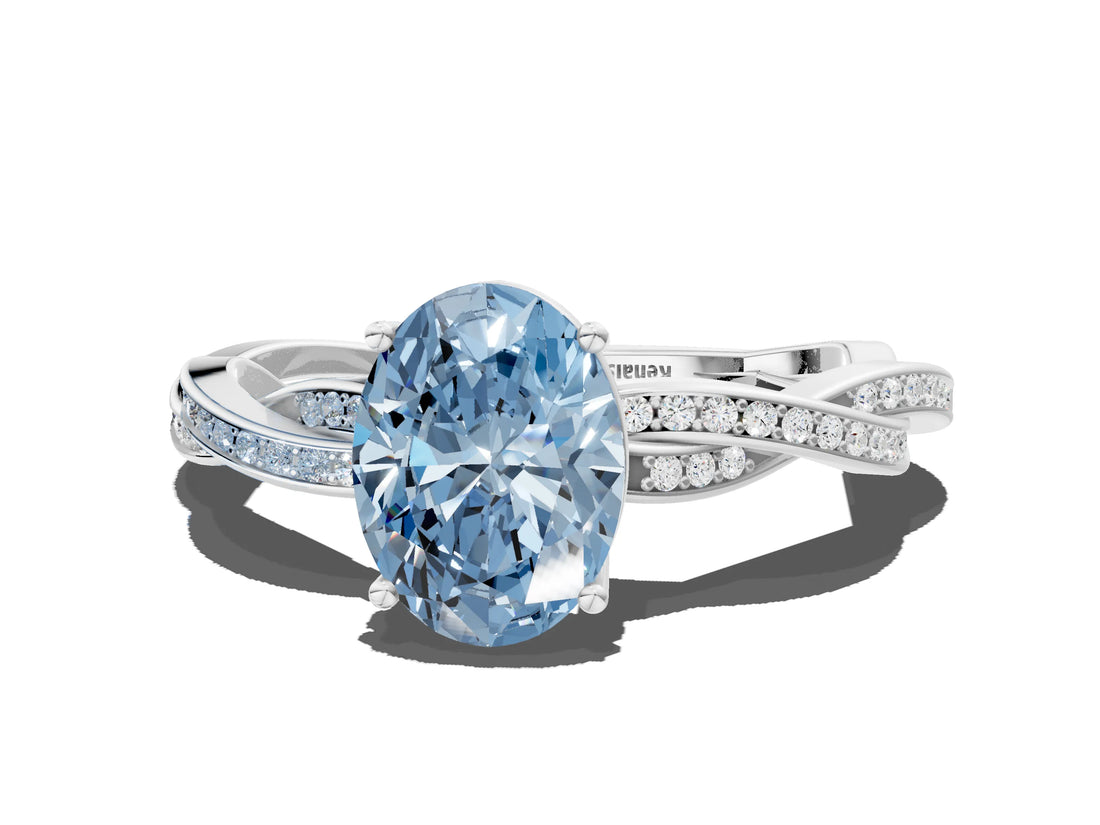 White gold Fancy Blue Oval  Solitaire Twisted Pave Diamond Ring with Four-Prong Setting_133