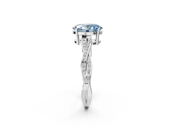 White gold Fancy Blue Oval  Solitaire Twisted Pave Diamond Ring with Four-Prong Setting