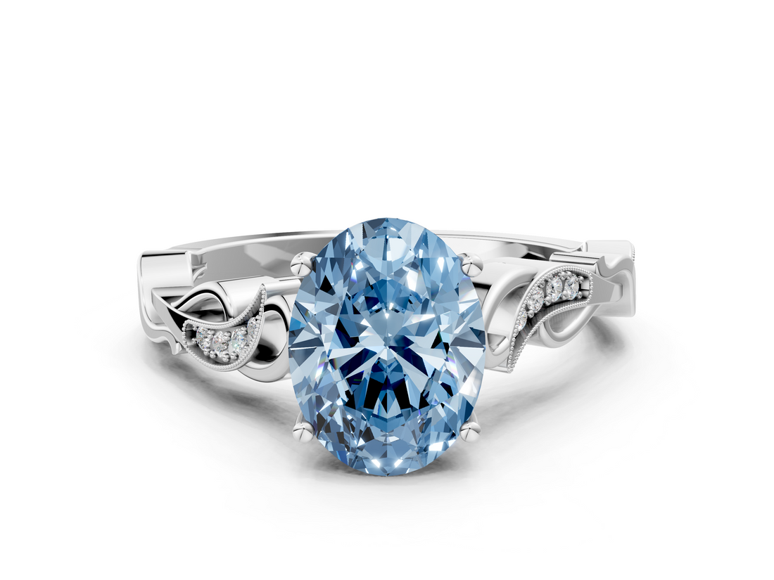 White gold Fancy Blue Oval  Solitaire Vine Band with Milgrain Prong Setting_3